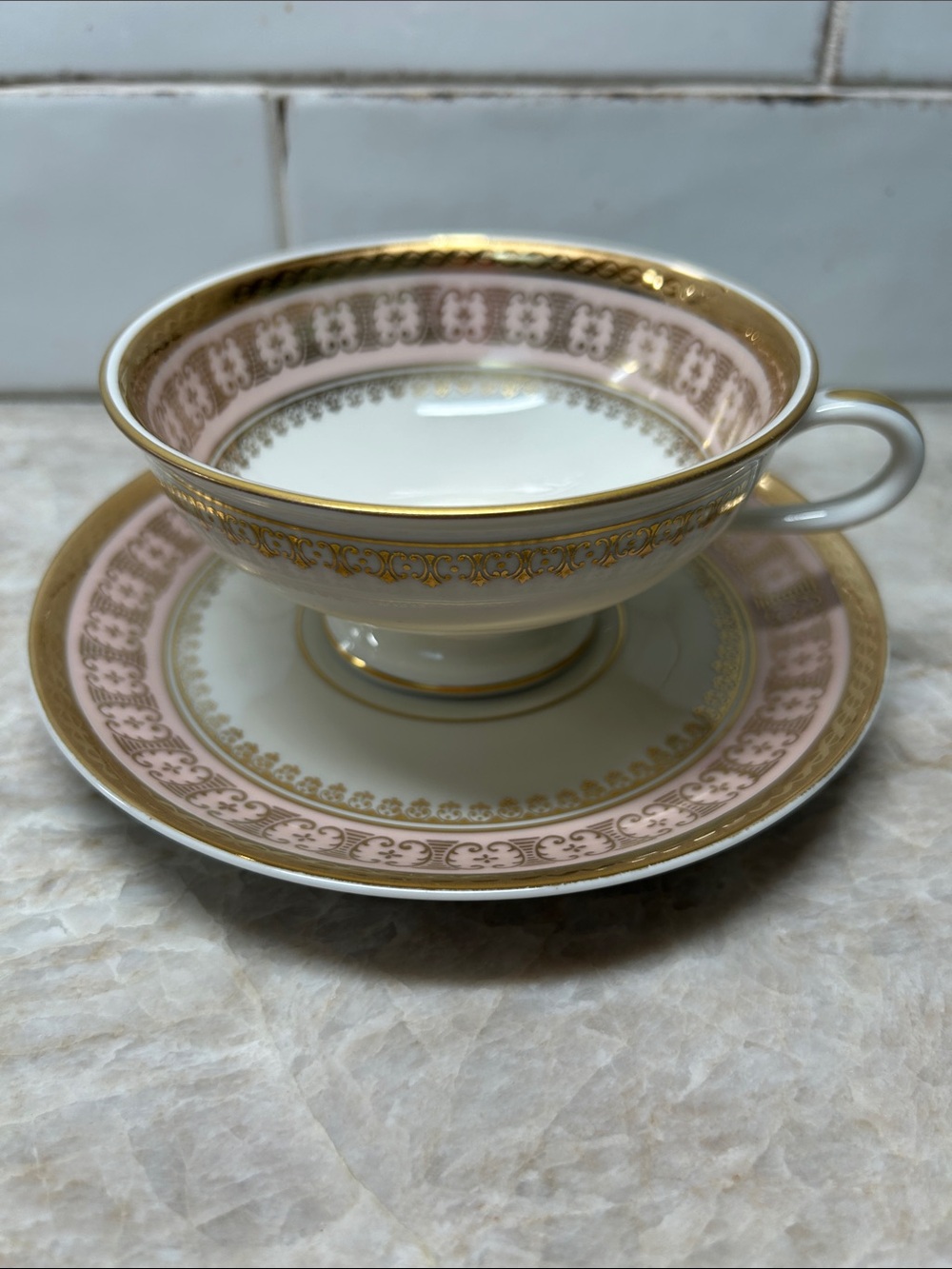 Thomas Bavaria Ivory Pink and Gold Porcelain Teacup & Saucer
